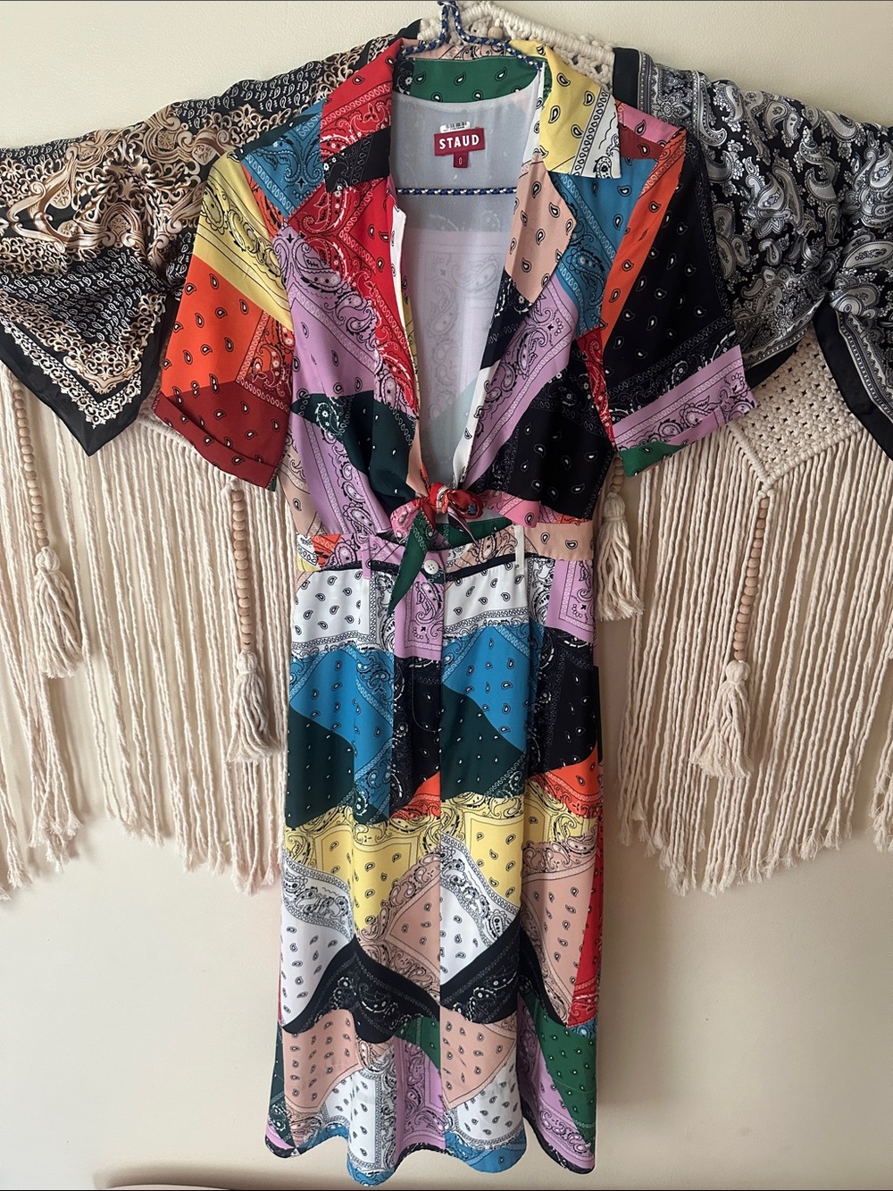 STAUD Patchwork Bandana Tie-Front Midi Dress — Multicolor